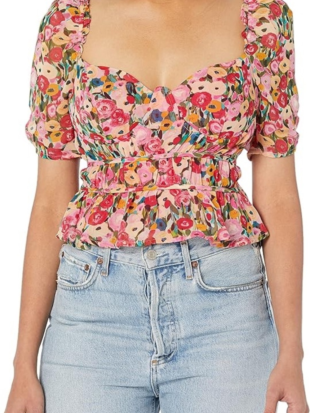 Astr The Label Pink Floral Peplum Sweetheart Puff Sleeve Top Size XS